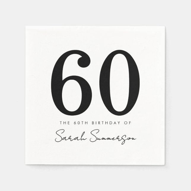 Serviette En Papier Black White Typography Sixty Name 60th Birthday (Devant)