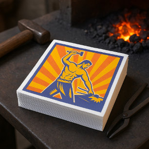 Serviette En Papier Blacksmith Hammering Retro Strongman Labor