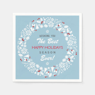Serviette En Papier Blanc & Bleu clair Vacances de Noël Joyeuses Wreat