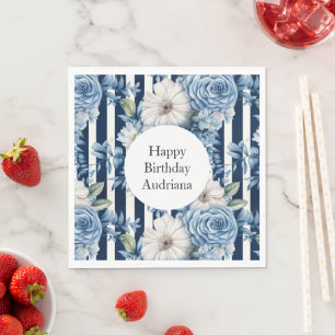 Serviette En Papier Blanc Bleu Grandes Florales Anniversaire