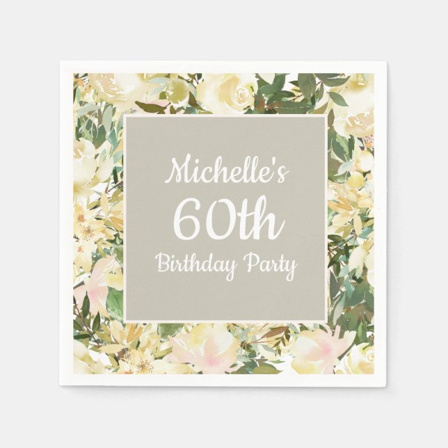 Serviette En Papier Blanc crème Sage Vert Floral 60e anniversaire (Devant)