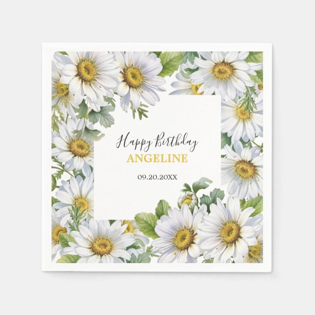 Serviette En Papier Blanc Daisy Floral Verdure Anniversaire (Devant)