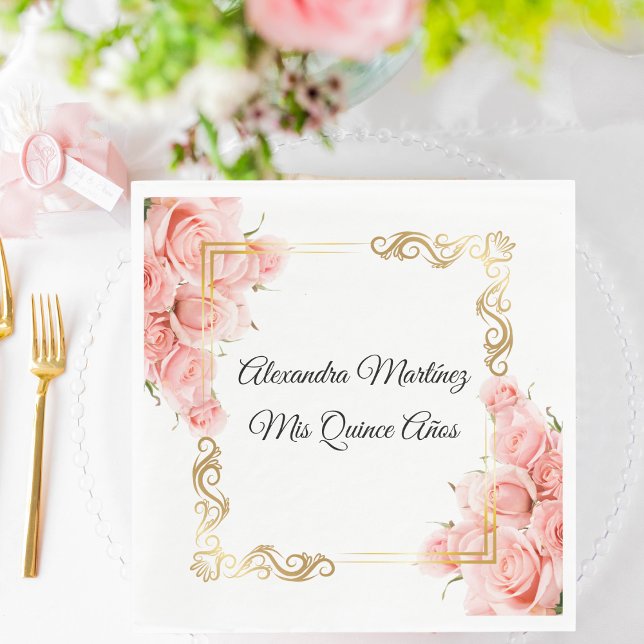 Serviette En Papier Blanc Elégant Rose Fleur Or Quinceañera (Créateur téléchargé)