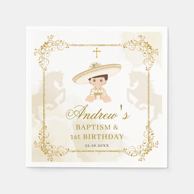 Serviette En Papier Blanc Gold Mexicain Boy Baptême 1er Anniversaire L (Devant)