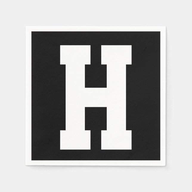 Serviette En Papier Blanc Grand Initial Moderne | Noir (Devant)
