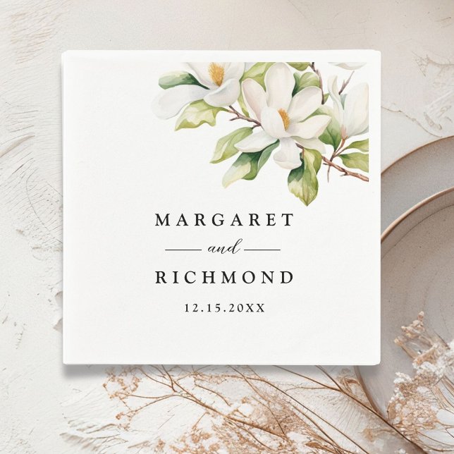 Serviette En Papier Blanc Magnolia Elegant Aquarelle Mariage Floral (Créateur téléchargé)
