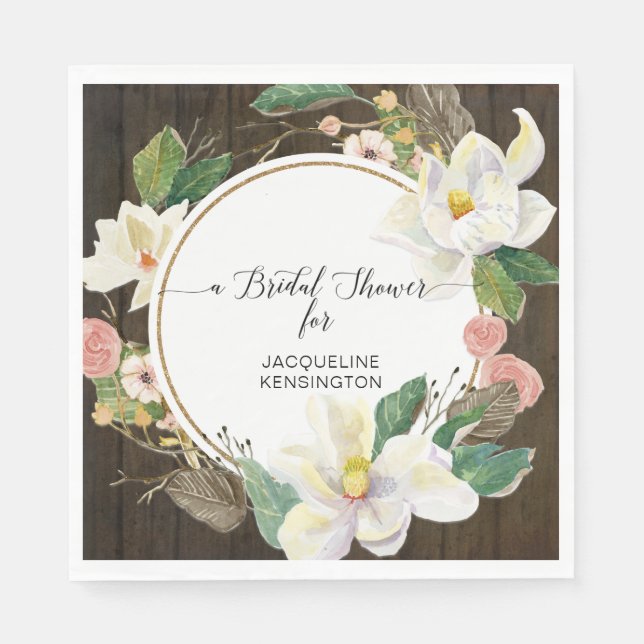 Serviette En Papier Blanc Magnolia Floral Aquarelle Blush Bois Rustiqu (Devant)