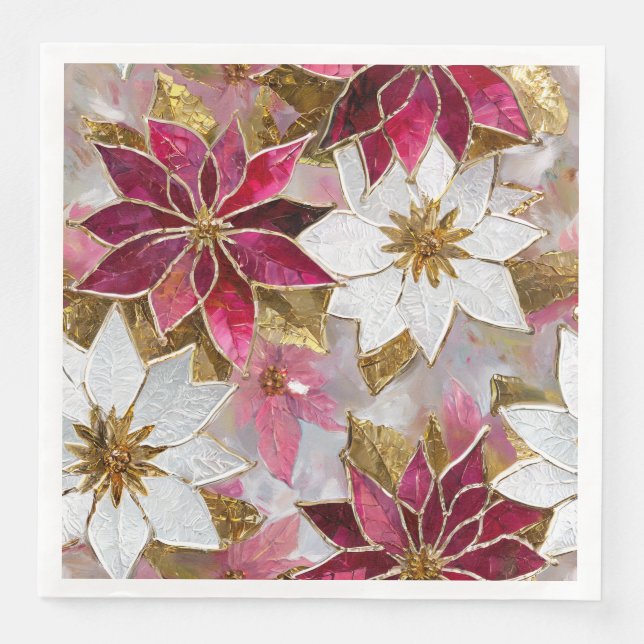 Serviette En Papier Blanc Or Bourgogne rose Poinsettias de Noël (Devant)