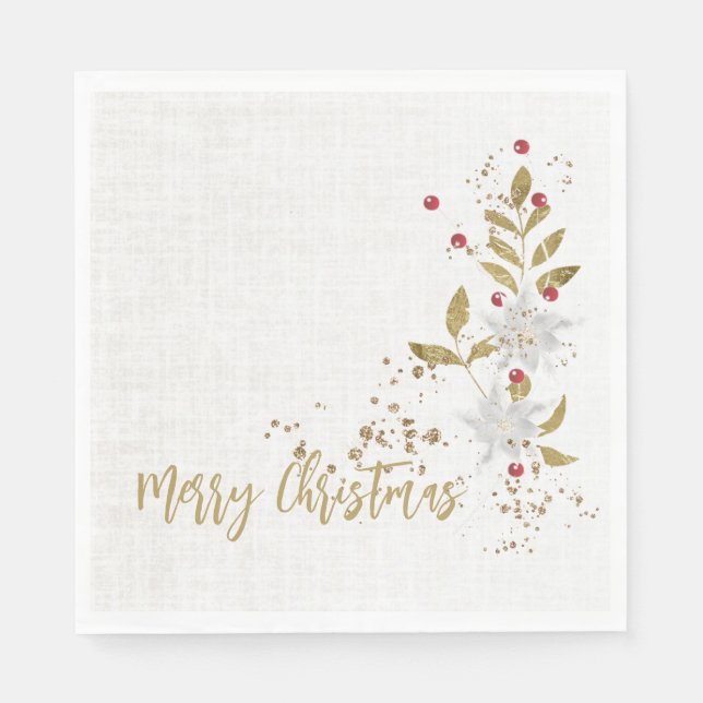 Serviette En Papier Blanc Poinsettia Red Berries Parties scintillant F (Devant)