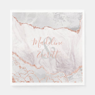 Serviette En Papier Blanc & Rose Gold Agate Marbre Mariage Monogramme
