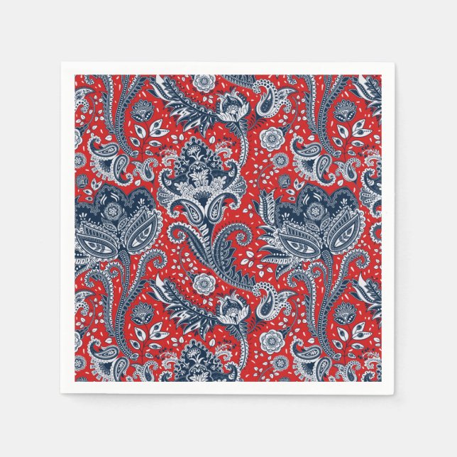 Serviette En Papier Blanc rouge et bleu Floral Paisley Bohemian Boho (Devant)