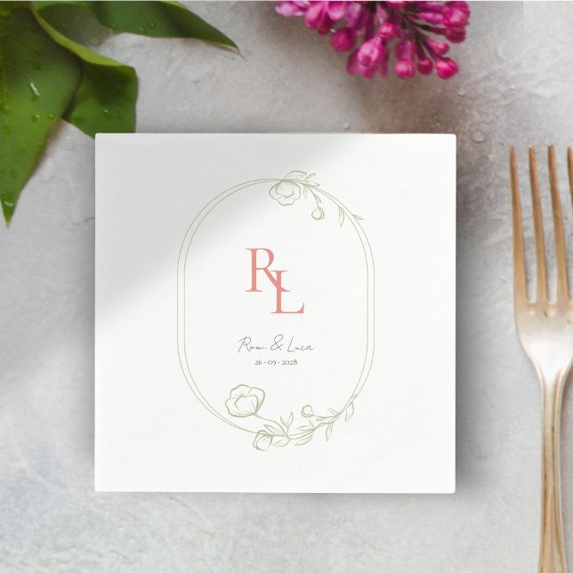 Serviette En Papier Blanc vert Floral Monogramme Mariage Napkins (Créateur téléchargé)