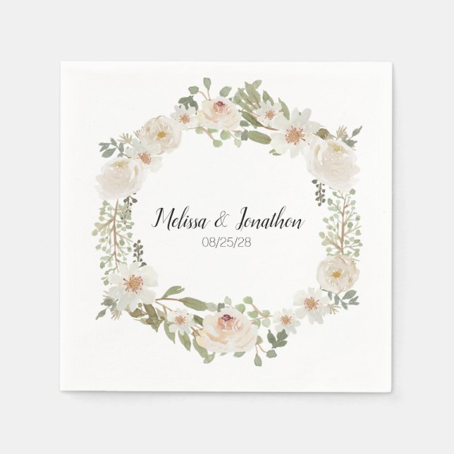 Serviette En Papier Blanche Floral Élégant Mariage romantique serviett (Devant)