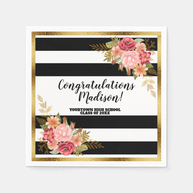 Serviette En Papier Blancs noirs Gris Or rose Graduation Florale (Devant)