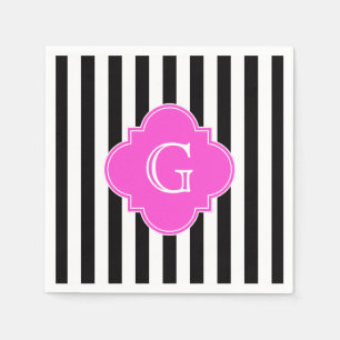 Serviette En Papier Blancs noirs, Monogramme Quatrefoil Rose Chaud