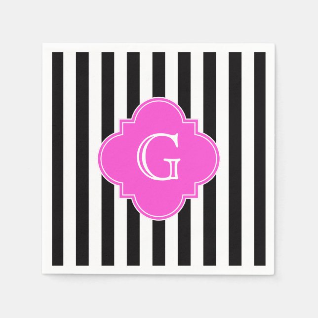 Serviette En Papier Blancs noirs, Monogramme Quatrefoil Rose Chaud (Devant)