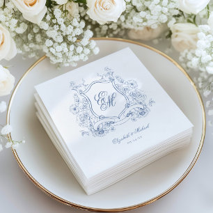 Serviette En Papier Blason Floral Bleu Monogramme Élégant Mariage