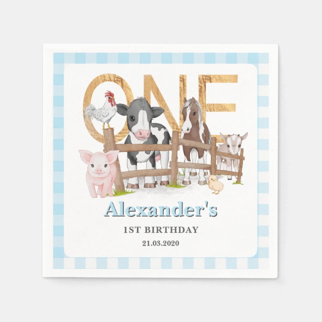 Serviette En Papier Bleu 1er anniversaire Animaux de ferme Barnyard En (Devant)