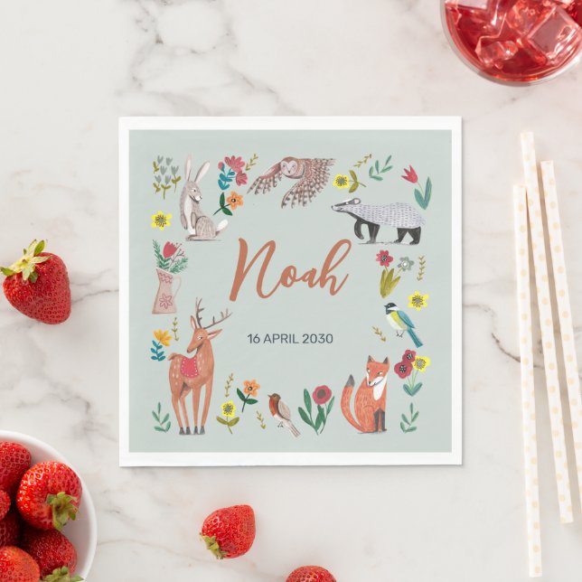Serviette En Papier Bleu Baby shower des animaux de bois mignons (En situation)