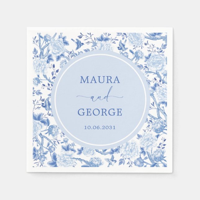 Serviette En Papier Bleu Blanc Chinoiserie Floral Mariage côtier (Devant)
