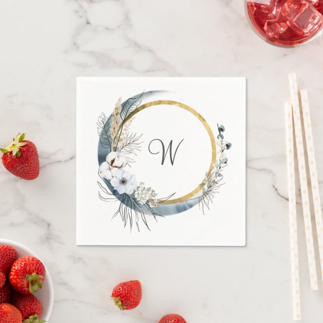 Serviette En Papier Bleu Blanc or Floral Monogramme Mariage Boho (En situation)