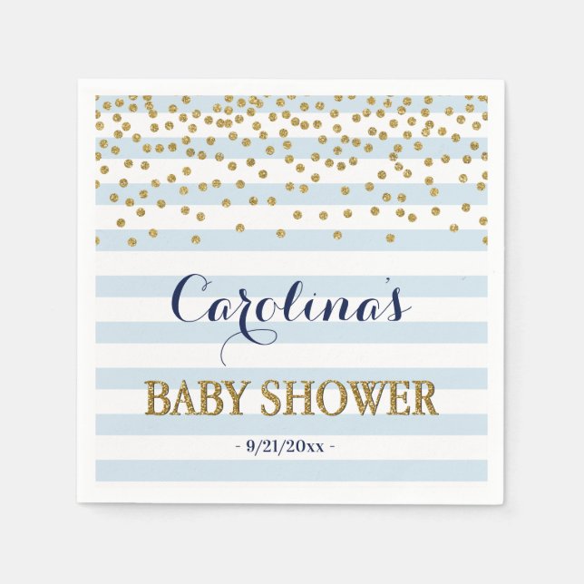 Serviette En Papier Bleu Blanc Or Stripe Confetti Baby Boy Douche (Devant)