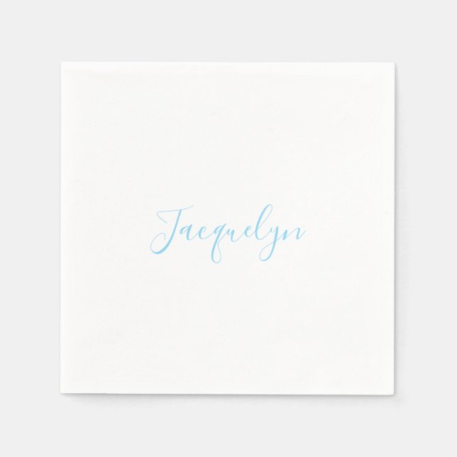 Serviette En Papier Bleu Blanc Plaine Élégant Moderne Calligraphie Nom (Devant)