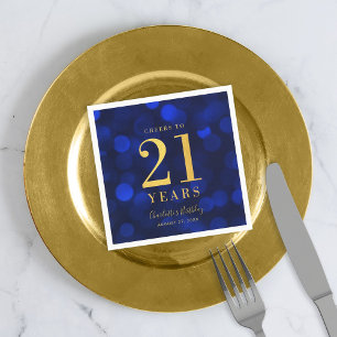 Serviette En Papier Bleu Bokeh Faux Gold Cheers à 21 Anniversaire