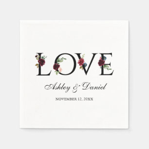 Serviette En Papier Bleu Bourgogne Aquarelle Floral Amour Mariage