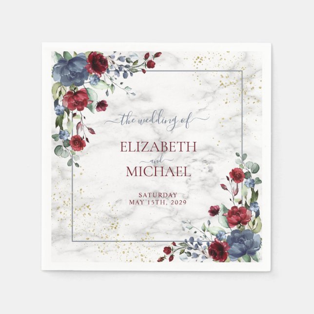 Serviette En Papier Bleu clair Bourgogne Mariage floral (Devant)