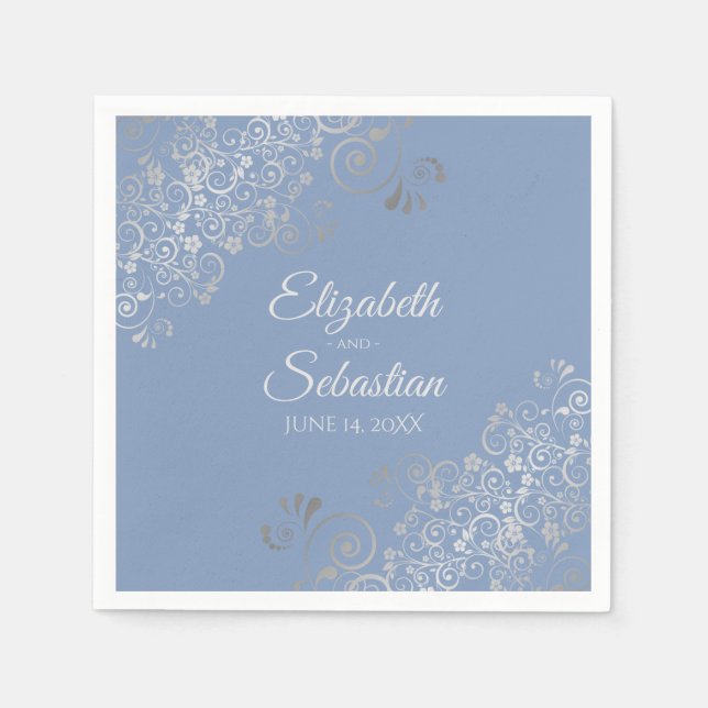 Serviette En Papier Bleu clair Gris & Frills Argent Mariage élégant (Devant)