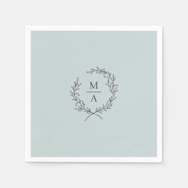 Serviette En Papier Bleu clair Simple Elegant Laurel Wreath Monogramme (Devant)