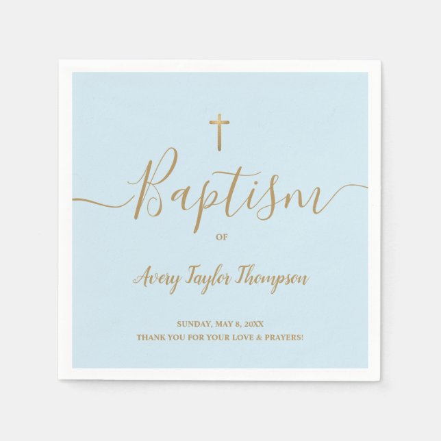 Serviette En Papier Bleu coutume Elegant Gold Cross Baptême Script (Devant)