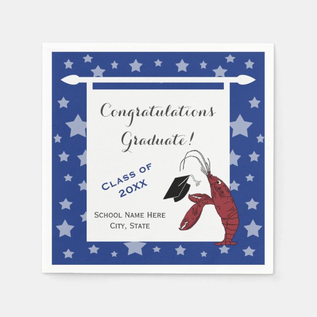Serviette En Papier Bleu Crawfish / Homard Stars Graduation (Devant)