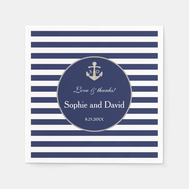Serviette En Papier Bleu de marine Nautique Ancre Mariage (Devant)