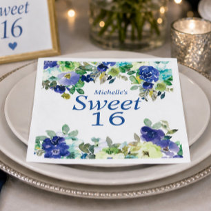 Serviette En Papier Bleu de marine Vert sauge Floral Douce 16e Anniver