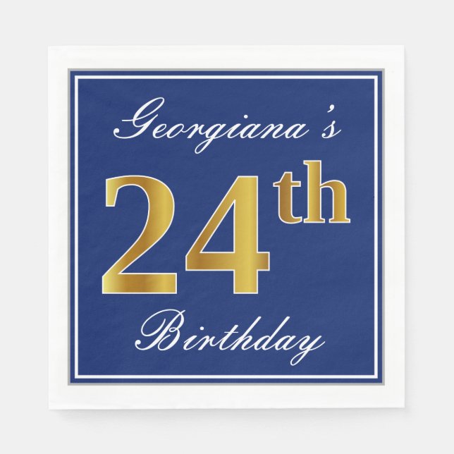 Serviette En Papier Bleu Élégant, Faux Gold 24e anniversaire; Nom pers (Devant)