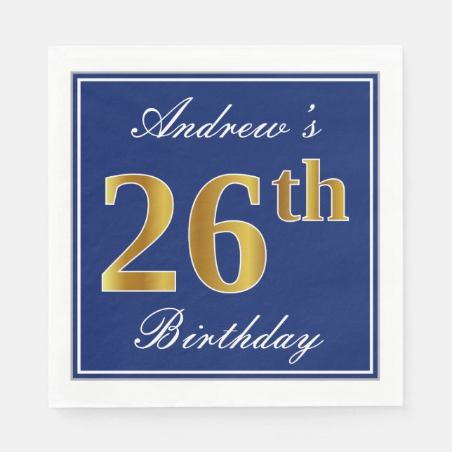 Serviette En Papier Bleu Élégant, Faux Gold 26e anniversaire; Nom pers (Devant)