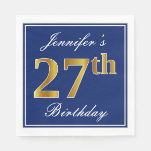 Serviette En Papier Bleu Élégant, Faux Gold 27e anniversaire; Nom pers