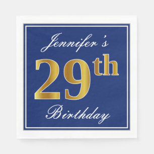 Serviette En Papier Bleu Élégant, Faux Gold 29e anniversaire; Nom pers