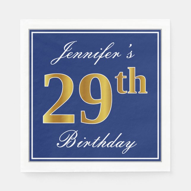 Serviette En Papier Bleu Élégant, Faux Gold 29e anniversaire; Nom pers (Devant)