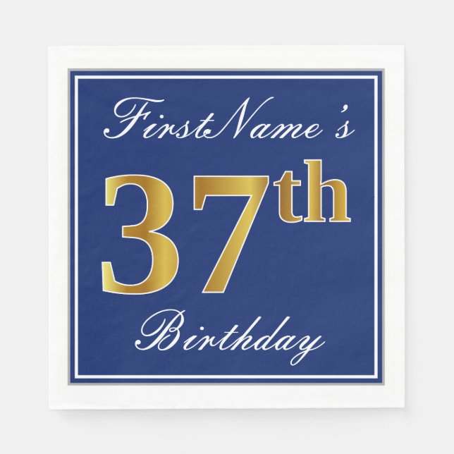Serviette En Papier Bleu Élégant, Faux Gold 37e anniversaire; Nom pers (Devant)