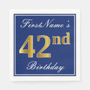 Serviette En Papier Bleu Élégant, Faux Gold 42e anniversaire; Nom pers