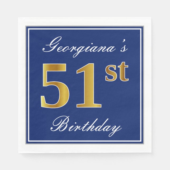 Serviette En Papier Bleu Élégant, Faux Gold 51ème Anniversaire; Nom pe (Devant)