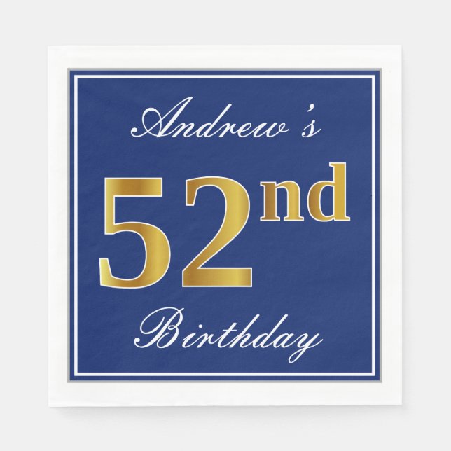 Serviette En Papier Bleu Élégant, Faux Gold 52e anniversaire; Nom pers (Devant)