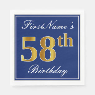Serviette En Papier Bleu Élégant, Faux Gold 58e anniversaire; Nom pers