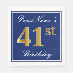 Serviette En Papier Bleu Élégant, Faux Or 41ème Anniversaire ; Nom per