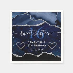 Serviette En Papier Bleu et argent faux paillettes agate Marble Sweet 