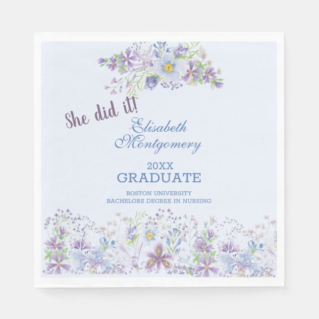 Serviette En Papier Bleu et Lavande Floral Graduation Party (Devant)