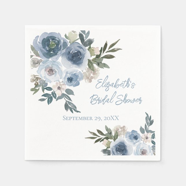 Serviette En Papier Bleu Floral Dusty Bleu Aquarelle Fête des mariées (Devant)